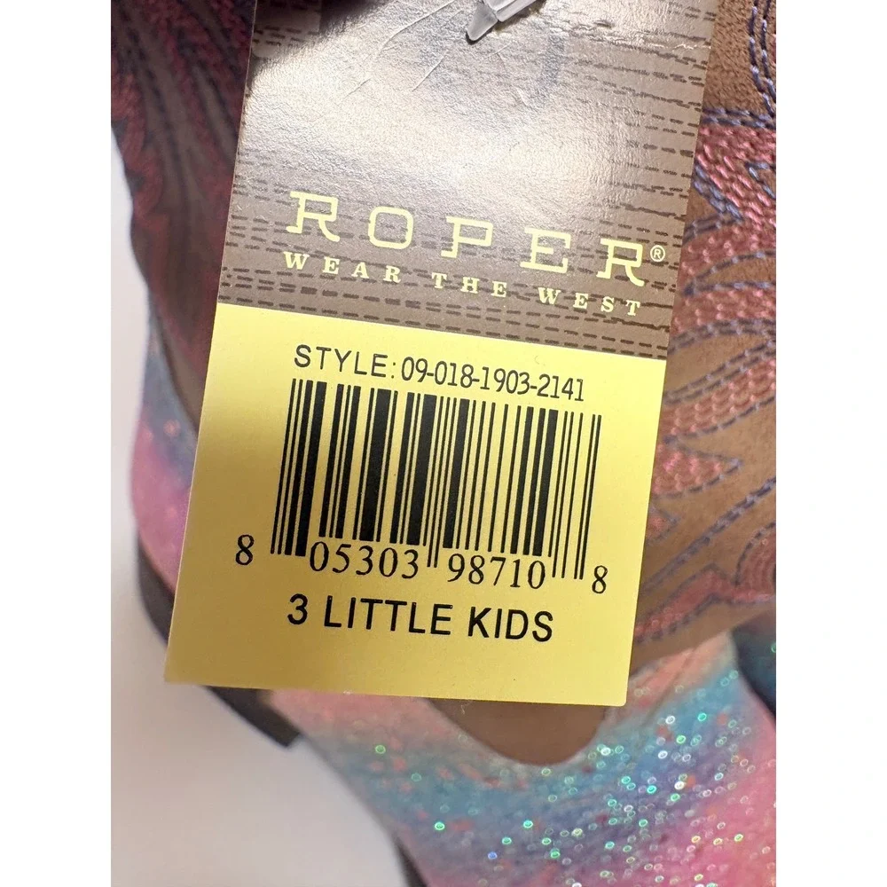 Roper Girls Size 3 Rainbow Glitter Tan Cowboy Boots Square Toe